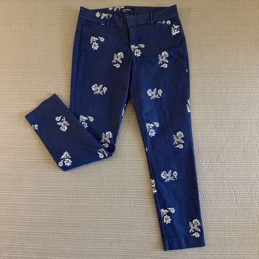 Old Navy Womens Pixie Mid-Rise Ankle Pants Size 6 Blue White Floral Stretch Slim